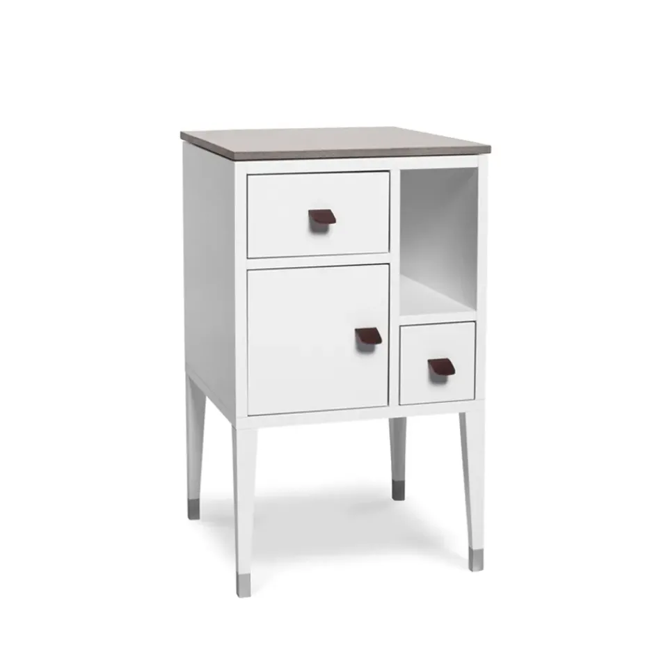 Mavis Bedside Tables*Abisko high leg bedside table, , concrete top, handle brown elk leather White