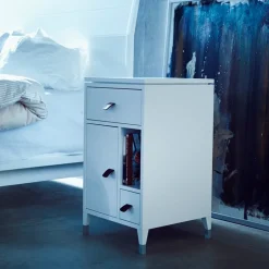 Mavis Bedside Tables*Abisko low leg bedside table, , top concrete, handle brown elk leather White