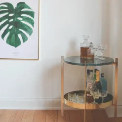 OX Denmarq Side Tables*Deck tray table, teak. black stand. black marbleshelf Brown
