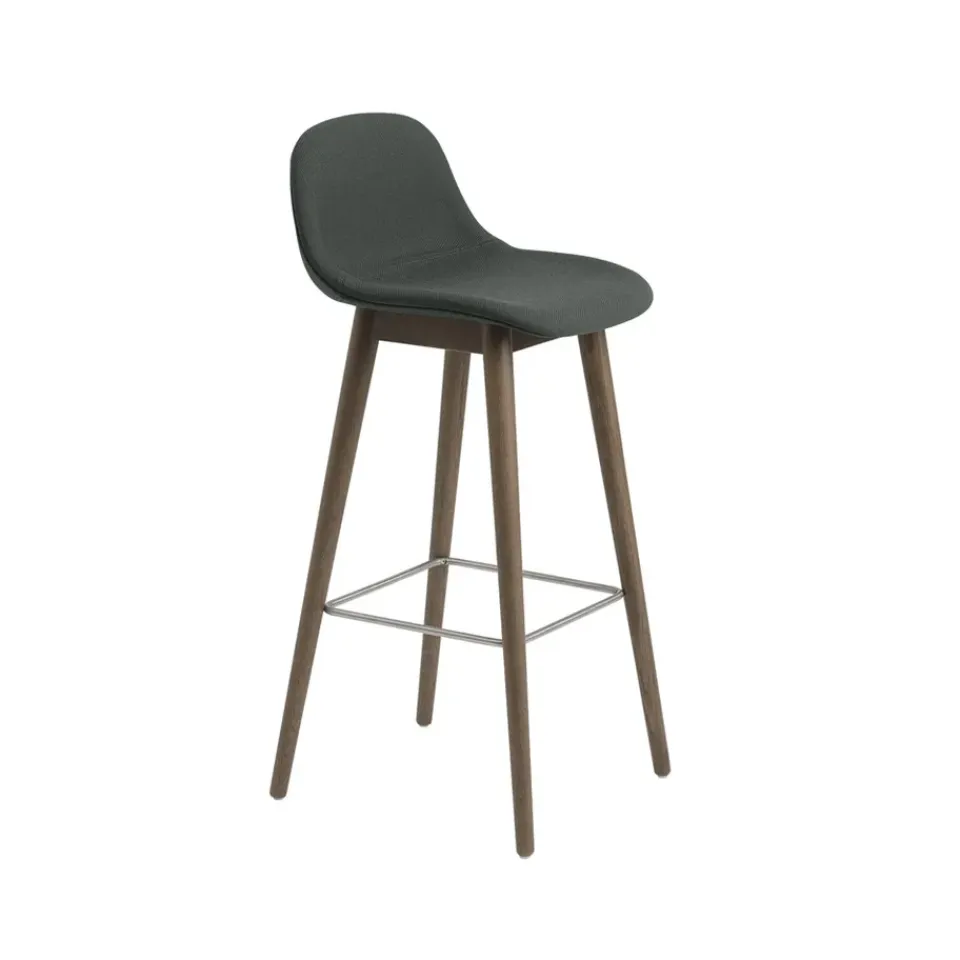Muuto Bar Stools*Fiber barstool with backrest 65 cm, Fabric twill weave 990 dark -brown stained oak legs Green