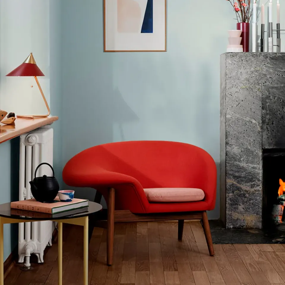 Warm Nordic Armchairs & Footstools*Fried Egg armchair, Fabric canvas 134 melange, oiled teak legs Grey