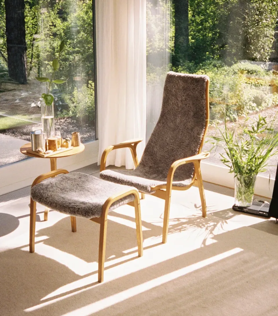 Swedese Armchairs & Footstools*Lamino armchair and footstool oiled oak/sheepskin, Moonlight Beige