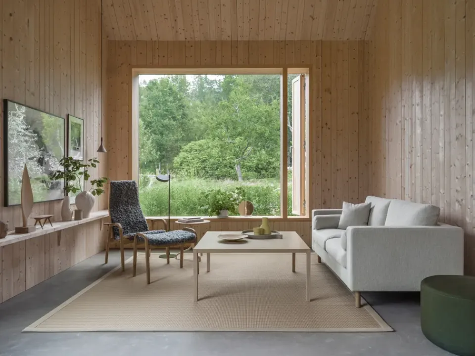 Swedese Armchairs & Footstools*Lamino armchair and footstool oiled oak/sheepskin, Moonlight Beige