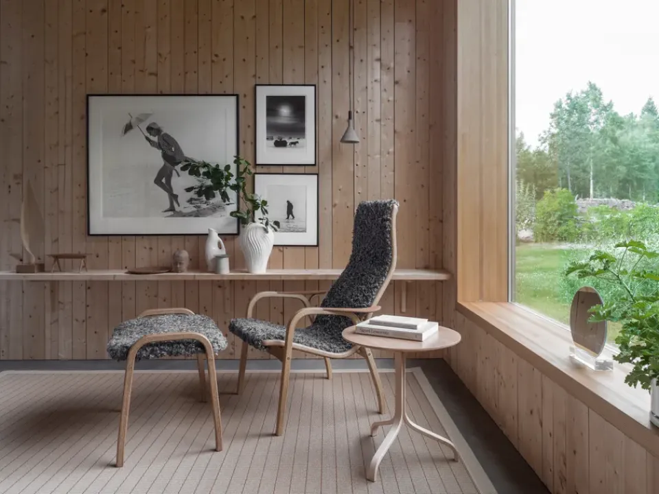 Swedese Armchairs & Footstools*Lamino armchair and footstool oiled oak/sheepskin, Moonlight Beige