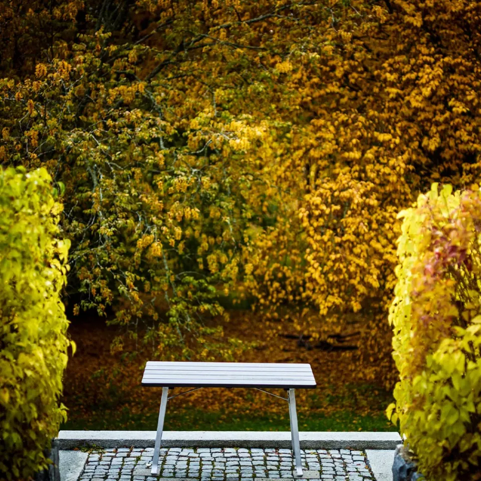 Byarums bruk Table For Outdoor Use*Seriff table, Mahogany glaze, raw aluminum stand Black