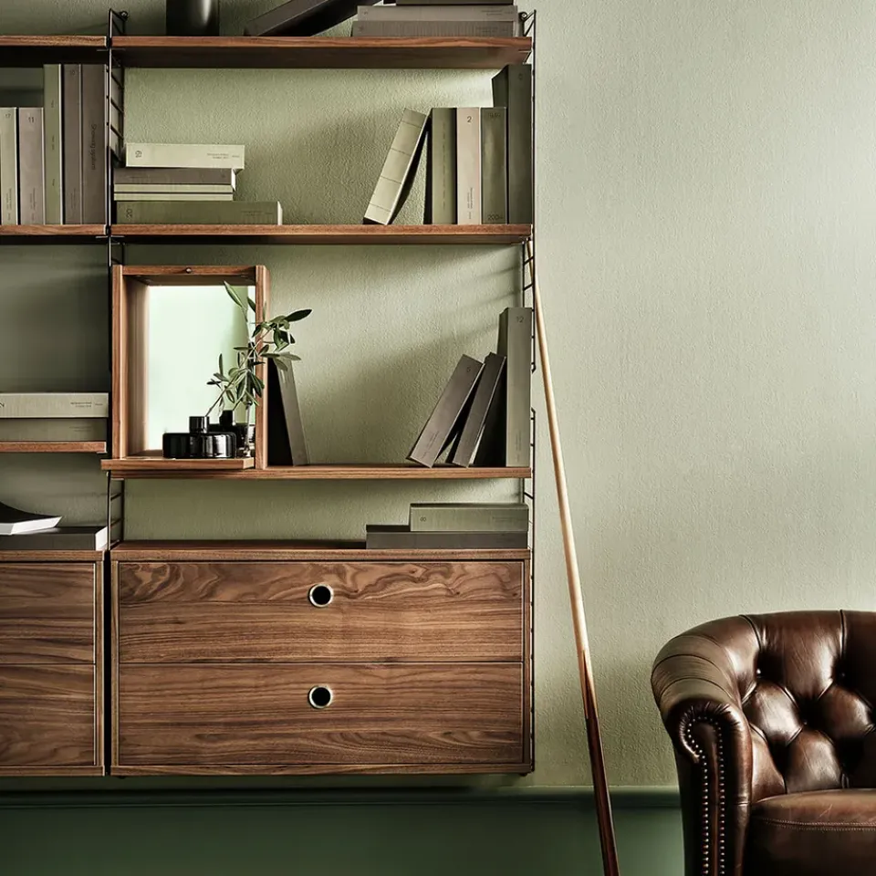String String Shelves|Display & Glass Cabinets*schnapps cabinet, Walnut, inside of door stainless steel plate, mirrored glass back piece Brown