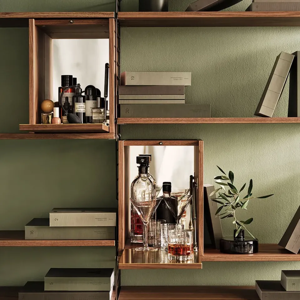 String String Shelves|Display & Glass Cabinets*schnapps cabinet, Walnut, inside of door stainless steel plate, mirrored glass back piece Brown