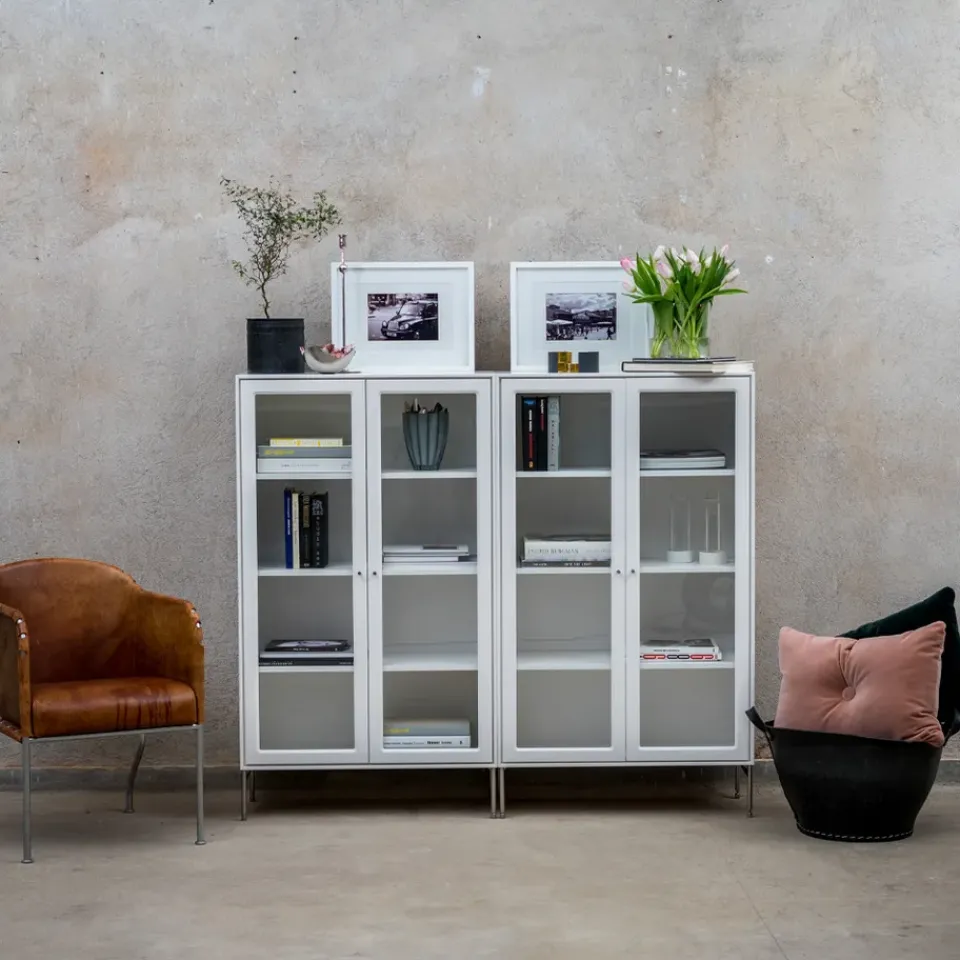 Mavis Display & Glass Cabinets*Volt display cabinet 190 cm lacquer, Details in stainless steel White
